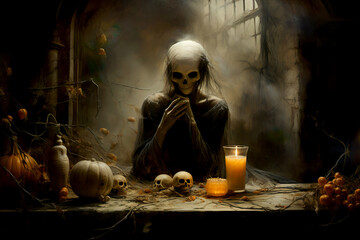 Mystical portrait of wicked witch with frightening makeup. For Dia de Los Muertos (Day of the dead) or Halloween holidays. Generative AI