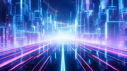 futuristic glowing neon city, cyberpunk purple and blue colours, future speedway or highway concept, tech design, generative ai