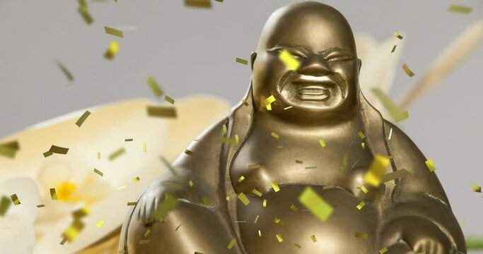 Animation of gold confetti falling over gold buddha statue