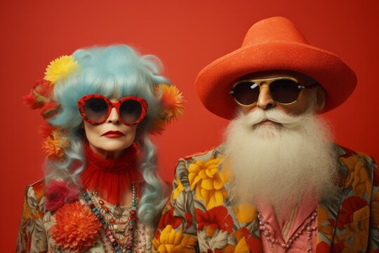 A funky, retro old couple stands out in their kitschy orange and red outfits, complete with goggles and hats, embracing fashion and making a statement