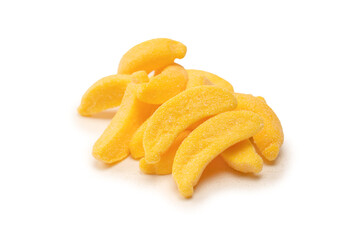 Juicy colorful jelly banana sweets isolated on white.