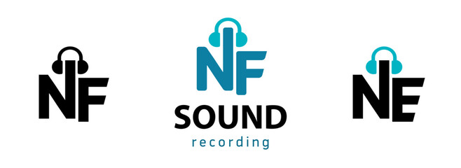 Alphabet Letters NE. Logo Emblem Monogram NF. with headphones,