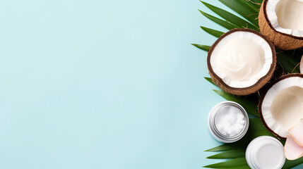 Obraz na płótnie Canvas Coconut cream with coconut leaves on a light blue background