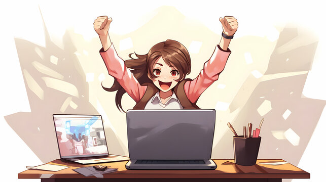anime style girl celebrating her triumph
