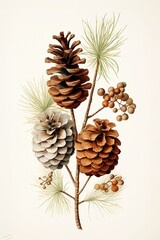 Simple clean botanical illustration of pinecones and pine needles attached to a single branch on a tan background.