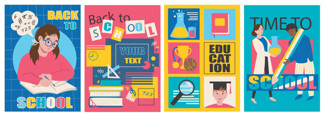 Back to school cover brochure set in trendy flat design. Poster templates with schoolgirl doing homework, books and stationery, different lessons and science, teacher and pupil. Vector illustration.