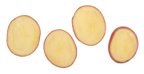 Set fresh raw organic potato slices isolated on white, top view