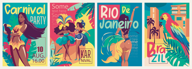 Brazil carnaval cover brochure set in trendy flat design. Poster templates with woman in bright festival costumes, palms and parrots decoration, invitations to traditional event. Vector illustration.