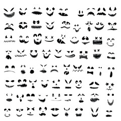 Monsters and creatures carving templates emotion face for Halloween Holidays. Cartoon faces, expressive eyes and mouth, smiling, crying face expressions. Caricature doodle. Isolated Vector.
