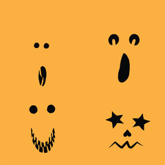 Fototapeta premium Halloween set of silhouettes for pumpkin character creation. Halloween pumpkin collection, shapes, eyes, noses, emotions, creepy and spooky elements decoration. Vector.