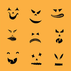 Monsters and creatures carving templates emotion face for Halloween Holidays. Cartoon faces, expressive eyes and mouth, smiling, crying face expressions. Caricature doodle. Isolated Vector.