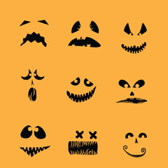 Halloween set of silhouettes for pumpkin character creation. Halloween pumpkin collection, shapes, eyes, noses, emotions, creepy and spooky elements decoration. Vector.