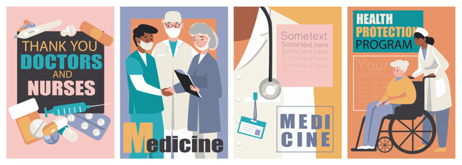 Medical service cover brochure set in trendy flat design. Poster templates with medicine and clinic stuff, thanks for doctors and nurses, handicapped patients care and therapy. Vector illustration.