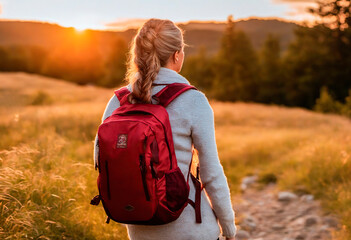 A girl walking with a backpack in nature. A girl hiking in autumn