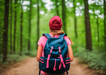A girl walking with a backpack in nature. A girl hiking.