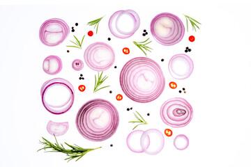 Red onion ring with spices in white background. Food background. flat lay. top view