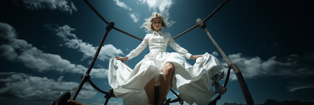 Blonde hübsche Frau weißen Kleid und Wind mit fliegenden Haaren Weitwinkel von unten nach oben ansicht mit langen Beinen Zoom Poster, ai generativ