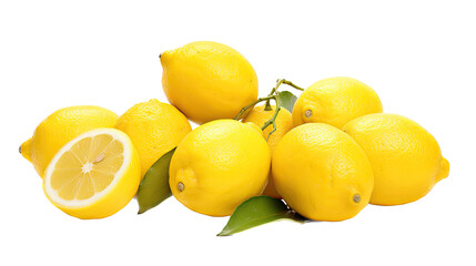 a Lemons with leaves in a horizontal layout, in a Food-themed, photorealistic illustration in a PNG, cutout, and isolated. generative AI