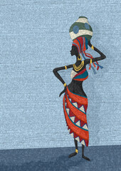 African woman carrying water, copy space vector art graphic mosaic template