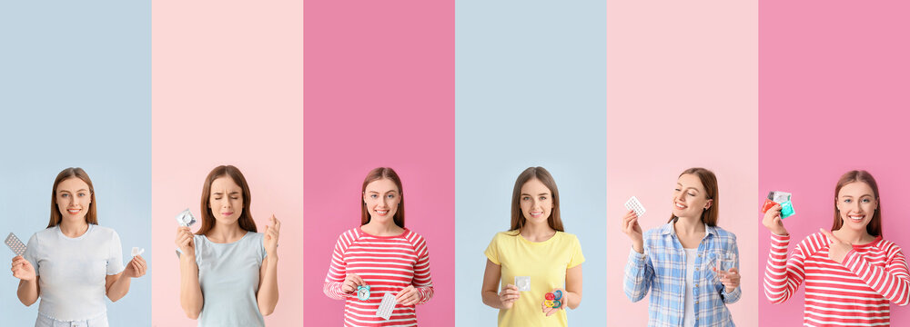 Group of young women with different contraceptive methods on color background