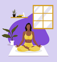 A beautiful black girl doing sport, yoga, stretching in room with window, purple wall, flowers on white mat in faceless for posters, banners, webs