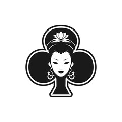 Beautiful Face Geisha of Clubs Card Poker Card Logo, Geisha Face in Clubs Playing Cards Symbol Vector Design