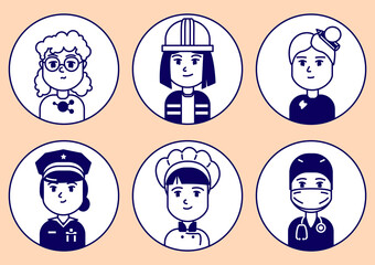 A set of cartoonish simple icons depicting women of different professions in dark blue on a white background.