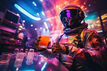 Astronaut in a space suit and helmet in a rave club with a glass of cocktail near the bar - obrazy, fototapety, plakaty