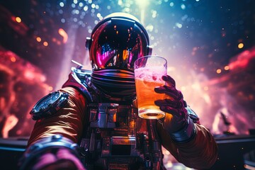 Astronaut in a space suit and helmet at a rave club with a glass of cocktail near the bar - Powered by Adobe