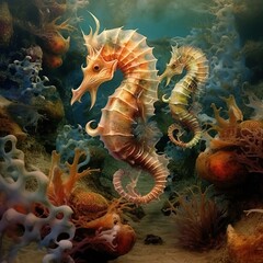 Fototapeta na wymiar Graceful Seahorses: Underwater Scene with Corals