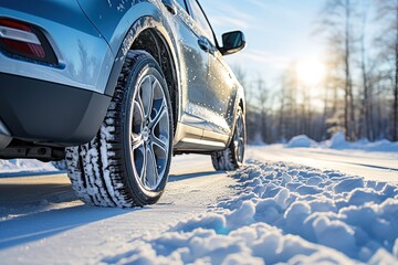 Side view on a gray car with winter tires on a snowy road - obrazy, fototapety, plakaty