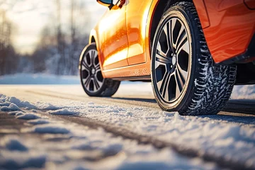 Fotobehang Side view of an orange car with a winter tires on a snowy road © Маргарита Вайс