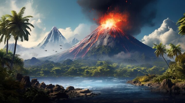 a Volcano erupting on a tropical island, in a horizontal format, in an Environmental-themed image as a JPG. Generative 