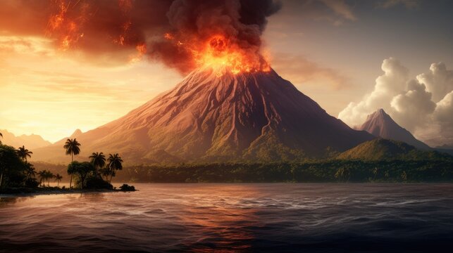 a Volcano erupting on a tropical island, in a horizontal format, in an Environmental-themed image as a JPG. Generative 