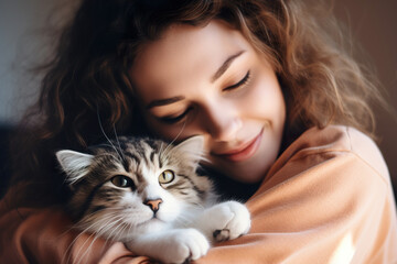 Portrait of a beautiful young woman with a cat