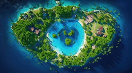 an Aerial top view of a heart-shaped Island, in an Azure sea surrounded by emerald waters, lush tropical foliage with an inner lagoon and beach in a Paradise-themed image. generative AI
