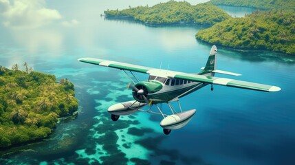  a horizontal layout of a Sea Plane flying over tropical islands in a Travel-themed JPG format. Generative ai