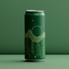 Aluminum can mockup with mountains and forest. 3D rendering