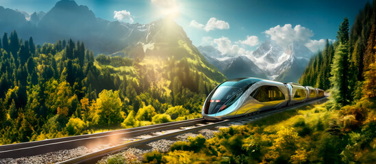 High speed train and railroad among green forests and mountains.