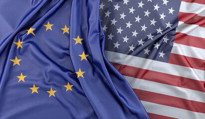 Ruffled Flags of European Union and United States of America. 3D Rendering © kirill_makarov