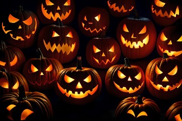 A group of mischievous pumpkins with wicked grins, each carved into a different spooky face, illuminated by the flickering candlelight