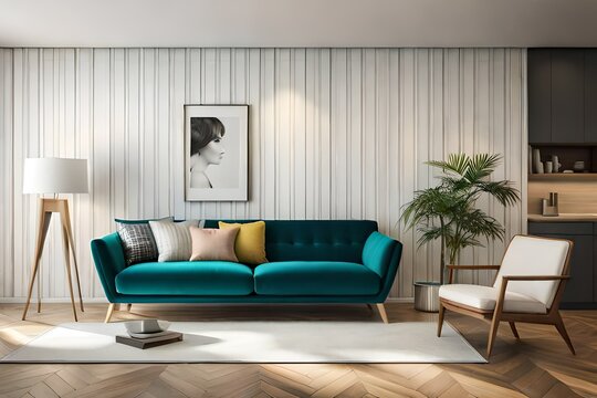 Modern home interior background, wall mockup, 3D render