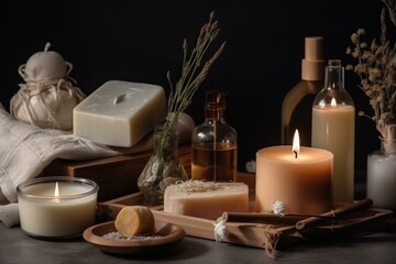 Fototapeta na wymiar Assortment of calming scented beauty items for serene spa experience layout. Generative AI