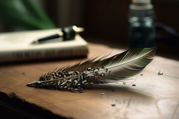 Tiny author imagines with feather and ink, creating poetic or novel art. Generative AI - obrazy, fototapety, plakaty