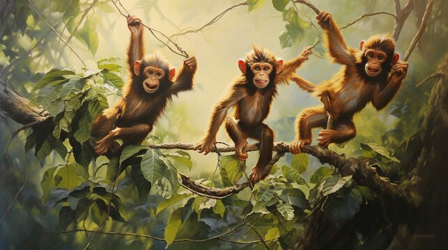  a painting of three monkeys hanging from a tree branch in a jungle.  generative ai