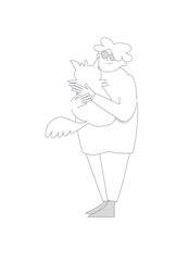 Obraz premium Happy old lady with a dog in her arms. Line art. Vector illustration. Isolated on white