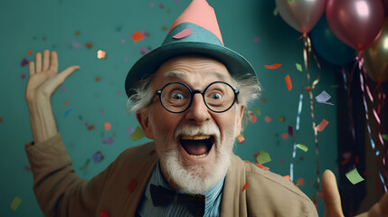 Old man, grandpa, partying, crazy grandfather, celebrating life, and retirement birthday, showing happy emotions, generative AI, illustration