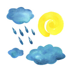 Blue, turquoise clouds with raindrops and yellow spiral sun. Watercolor illustration hand drawn in children's style for posters, cards, stickers. Set of isolated objects on a white background.