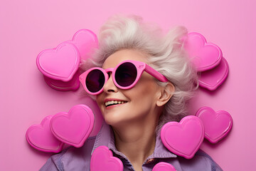 Old woman in pink glasses with pink heart - obrazy, fototapety, plakaty