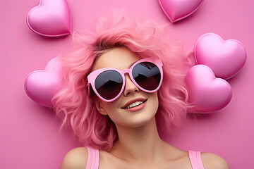 Happy woman with heart shaped pink balloons